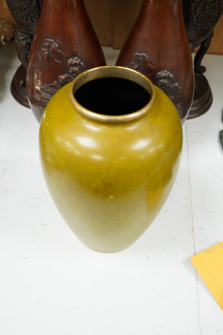 Two pairs of Japanese bronze vases, Meiji period and another, later example, largest 35cm high